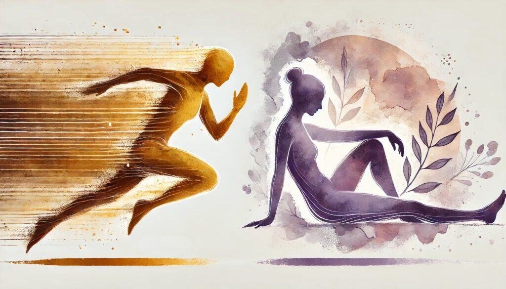 The Guilt of Resting After Deep Work: Release the Guilt of Your Unique Productive Cycle 3 Empowered woman running towards relaxed woman, emphasizing personal growth and inner peace.